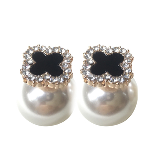 四叶草双面珍珠耳钉 s925纯银针时尚气质黑色水钻耳环纯银耳饰女