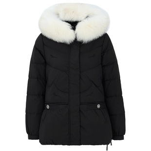 马天奴2025新款狐狸毛领连帽白鸭绒羽绒服短款保暖外套时尚百搭女