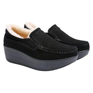 真皮女单鞋加绒保暖厚底松糕鞋百搭妈妈工作鞋黑色软底舒适冬秋款