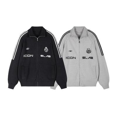 ics丨iconslab提花刺绣徽章立领条纹开衫毛衣百搭休闲情侣针织衫