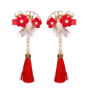 新款古风红色发饰2026汉服发夹周岁小女孩新中式对夹新年喜庆头饰