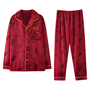 2026一家三四口亲子睡衣冬季加厚法兰绒男童母女红色珊瑚绒家居服
