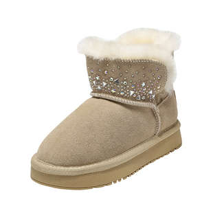 百丽童鞋女童雪地靴2025冬季新款加绒保暖短靴子儿童大棉鞋中大童