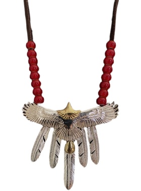 不同银匠 高桥风格手工铜头中鹰羽毛吊坠925纯银琉璃珠鹿皮绳套链