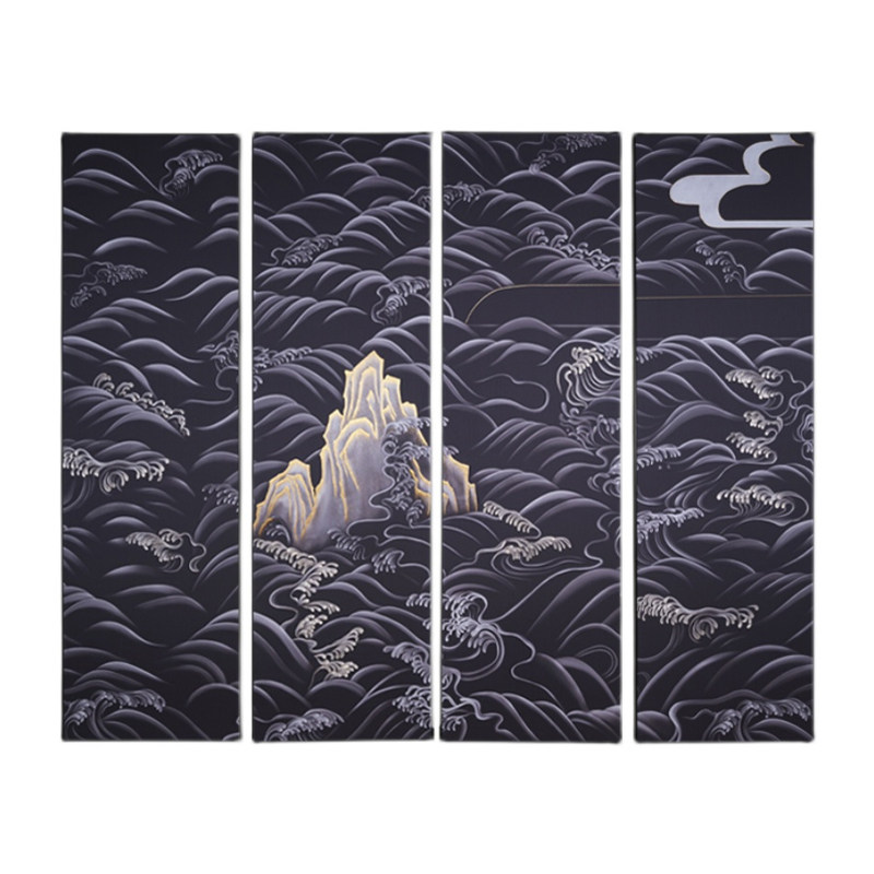 现货逸福瑞新中式绘加手工苏州刺绣装饰画海浪四联沙发背景可定制