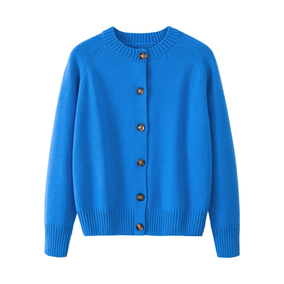 100%纯棉女圆领纽扣宽松开衫