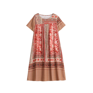 2026新款民族风印花棉绸连衣裙女夏季宽松显瘦气质中长款大码裙子