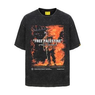 摇滚计划战士亚伦布什内尔美式印花短袖街头做旧T恤学生小领口男