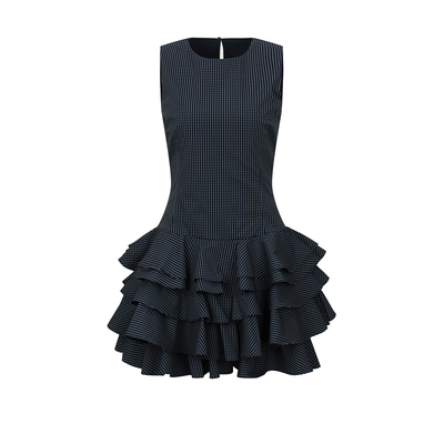 UR&DC2026春季新款都市圆领无袖格纹蛋糕裙摆叠层收腰超短连衣裙