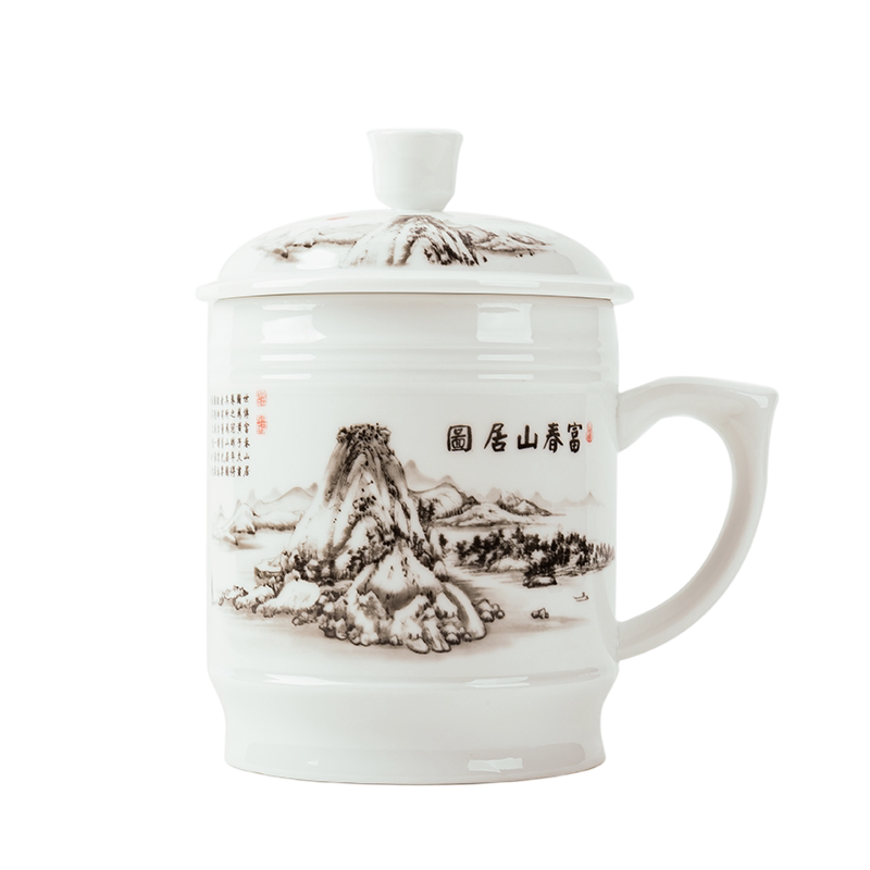 1000ml大容量会议陶瓷带盖马克杯中式桌面大号家用办公大茶缸水杯