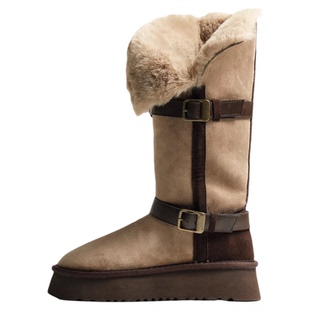 「鞋登」8cm长筒雪地靴女两穿2026新款皮毛一体加绒加厚灰色棉鞋