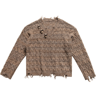 日系复古慵懒松弛感V领毛衣男秋冬潮牌流苏破洞痞帅羊毛针织衫男