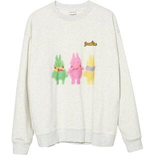 WELLME2023新款三只兔印花抓绒圆领卫衣宽松情侣百搭原创国潮上衣