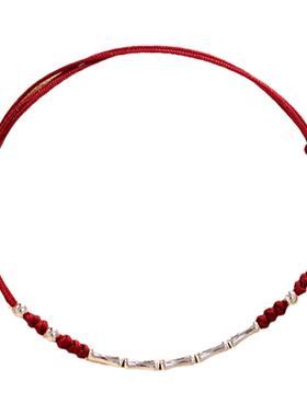 竹节纯银手链女s925红绳编织脚链银质情侣手绳可调节礼物学生送礼