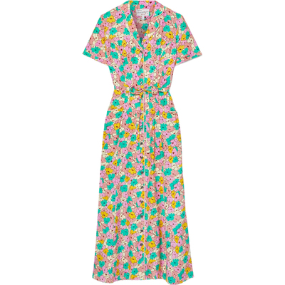 【折扣】HVN 早秋女印花真丝V领裙衬衫式连衣裙