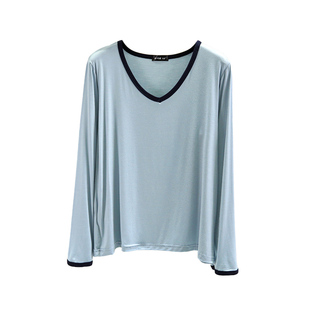 大码莫代尔V领休闲上衣春季薄款宽松显瘦打底衫可外穿百搭长袖T恤
