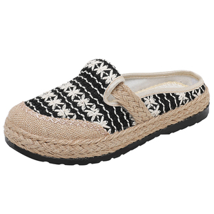 夏季老北京布鞋女士亚麻拖鞋渔夫鞋厚底包头半拖鞋外穿软底一脚蹬