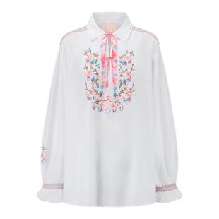 yeye by b.Fleurs新款法式复古风精致刺绣系带宽松喇叭袖衬衫上衣