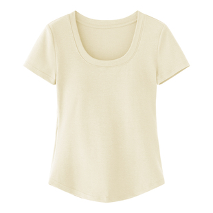 U领短袖自带胸垫t恤女夏外穿凉感纯棉打底衫运动瑜伽半袖上衣睡衣