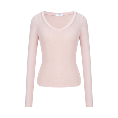粉色v领长袖t恤内搭修身短款上衣