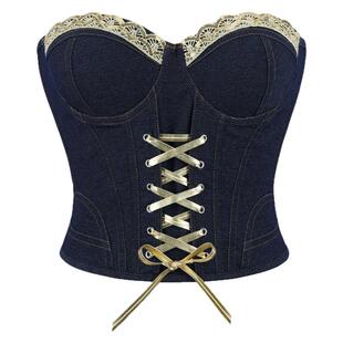 新款牛仔布黑蓝有钢圈罩杯女士性感时尚及胸无袖塑身上衣corset