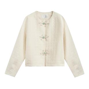 紫涵新中式盘扣无领短款外套女春秋季新款甜美学院风压花轻薄上衣