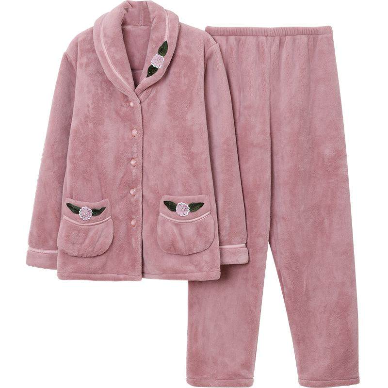 秋冬季珊瑚绒睡衣女冬加厚大码中老年妈妈装女士法兰绒家居服套装