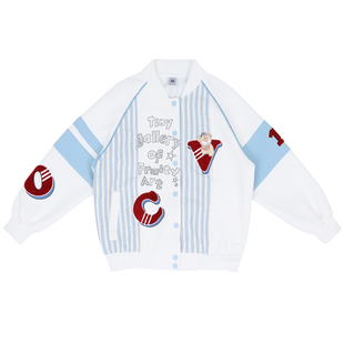 春学院美式复古毛巾绣印花字母不对称条纹拼接白色宽松棒球服外套