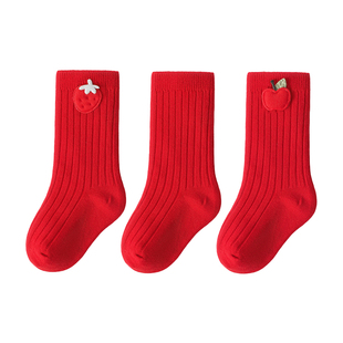 英格贝贝新年大红色童袜纯棉婴儿袜子秋冬中长筒袜满月周岁宝宝袜
