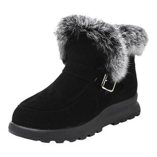 磨砂皮兔毛雪地靴女防滑平底女鞋子冬季毛毛鞋软底加绒加厚女棉鞋