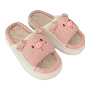 细细条 可爱小猪亚麻拖鞋女四季通用踩屎感厚底居家棉麻地板鞋ins