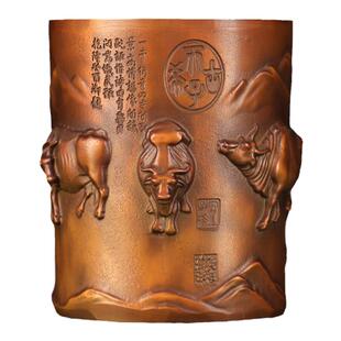 《五福牛笔筒》铜金岁月全黄铜摆件新中式铜器书房办公室桌面摆件