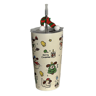 你的礼物～原创手绘小狗保温带盖吸管杯304不锈钢可爱小围巾圣诞