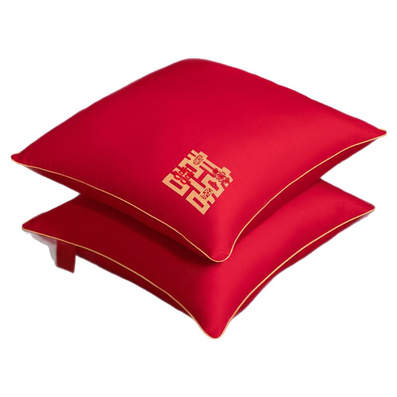 婚庆大红全棉刺绣双喜抱枕60x60cm靠垫芯60x80结婚房压床喜庆枕头