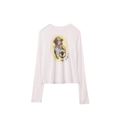 小狗印花长袖t恤女白色打底上衣