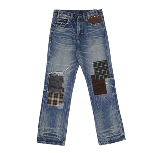 TBR x sod联名破坏补丁贴布乱针水洗深蓝扎花501skinny版型牛仔裤