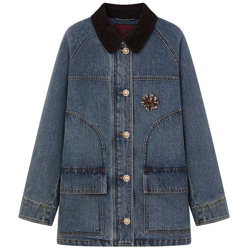 TeenieWeenie小熊女装外套26春季新款撞色灯芯绒翻领水洗牛仔上衣