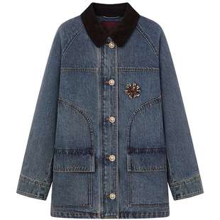 TeenieWeenie小熊女装外套26春季新款撞色灯芯绒翻领水洗牛仔上衣