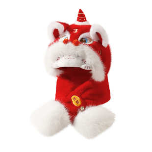过新年红色帽子围巾一体冬季中国风潮醒狮帽耳朵会动马年兽虎头帽