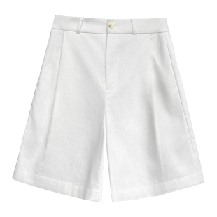 白色天丝亚麻短裤女外穿夏薄款小个子老钱风a字阔腿西装5五分中裤