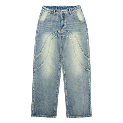 做旧中低腰拉垮牛仔直筒微茧长裤