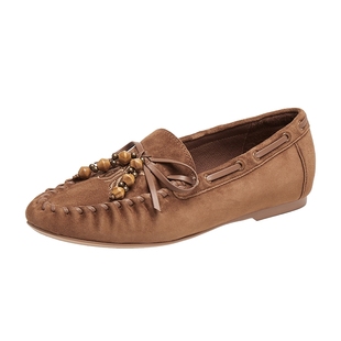 真美诗印第安纳秋新款羊皮刺绣串珠软底一脚蹬豆豆鞋乐福鞋女