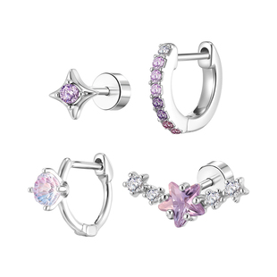 D型直针紫色锆石耳圈耳环高级感星星钛钢耳钉女耳骨钉耳蜗钉耳饰