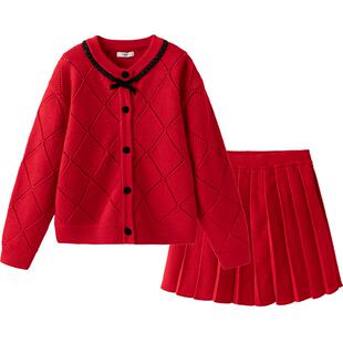 巴拉巴拉女童裙子套装中大童宝宝小香风红色毛衣春秋款童装儿童潮