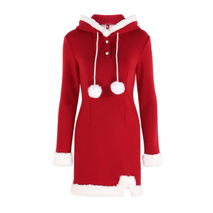 新年俏皮可爱针织连衣裙女秋冬毛绒小心机开叉短裙红色收腰包臀裙