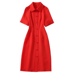 欧洲正品喜气感时尚明星走秀新高端女装气质修身红色单排扣连衣裙