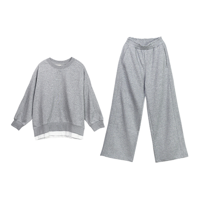 浅灰圆领女童假两件卫衣秋冬套装