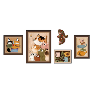 趣味猫咪中古风客厅沙发背景墙装饰画组合壁画卡通法式多巴胺挂画