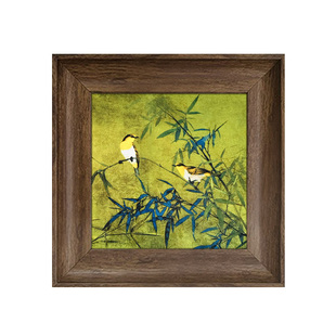 花鸟竹子新中式客厅装饰画绿色复古卧室床头高级感挂画中古风餐厅