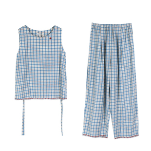朵朵可可睡衣女2025春夏棉麻小格纹圆领无袖七分裤甜美家居服套装